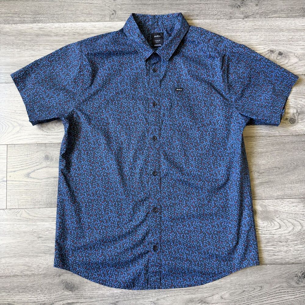 RVCA Men's Blue Floral Slim Fit Short Sleeve Button Down Shirt - Size XL